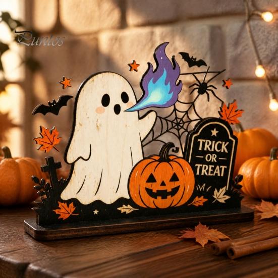 Cute Halloween Party Table Centerpieces Ghost Ornaments with Pumpkin Tombstone and Bat Elements, Wooden Flame Breathing Desktop Tabletop Decorations