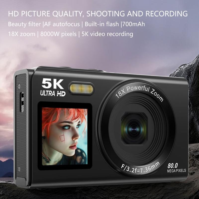 5K Doppelscreen Digitalkamera 80MP Sensoren 18-facher Zoom WiFi-fähig Kompaktes Gehäuse Eingebauter Blitz für Reisen