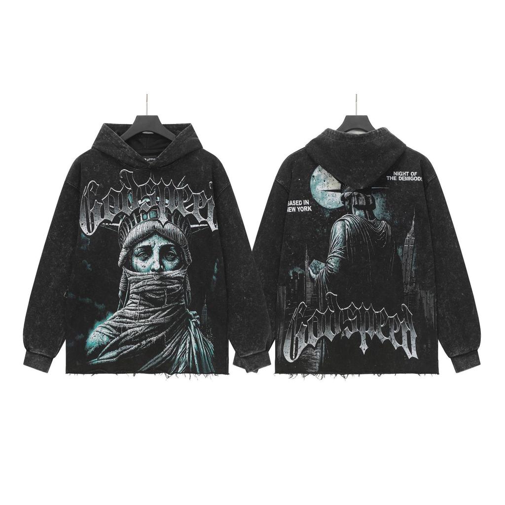 God Bless America Retro Rock Street Print Washed Hoodie - Casual Loose Fit