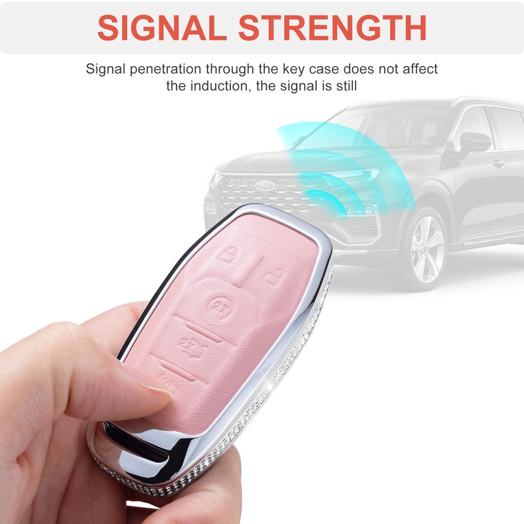 Compatible with Ford Key Fob Cover with Keychain, Pink Genuine Leather Crystal Key Case Protection Shell for Ford Fusion Mustang
