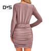 Women Short Dress Piled Neck Long Sleeves Pleated Pure Color Slim Fit Sheath OL Commuting Party Prom Mini Dress Evening Events