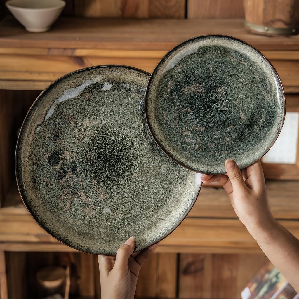 Kiln Glaze Large Plate Retro Style Round Plate Home Restaurant Dish Plate Dessert Plate Japanese Tableware Steak Plate