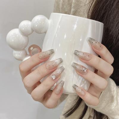 HANDMADE Long Coffin Shape Fake Nails Hepburn's Light Luxury Wave Point Sparkling Cat's Eye Butterfly Diamond Press On Nails Acrylic Fake Nail