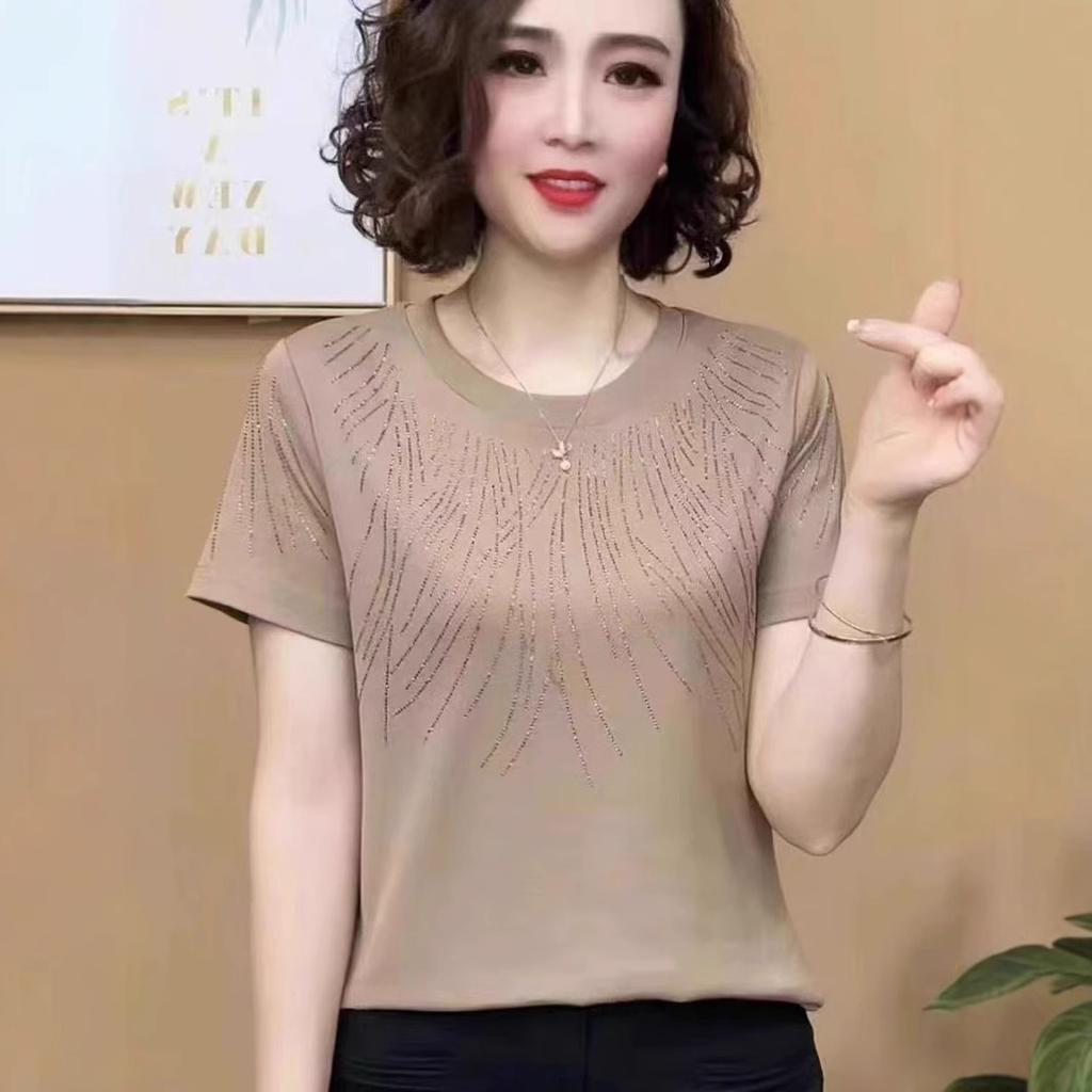 Crew neck solid color hot diamond shirt fashion women's clothing summer short sleeve T-shirt age reduction versatile women's top