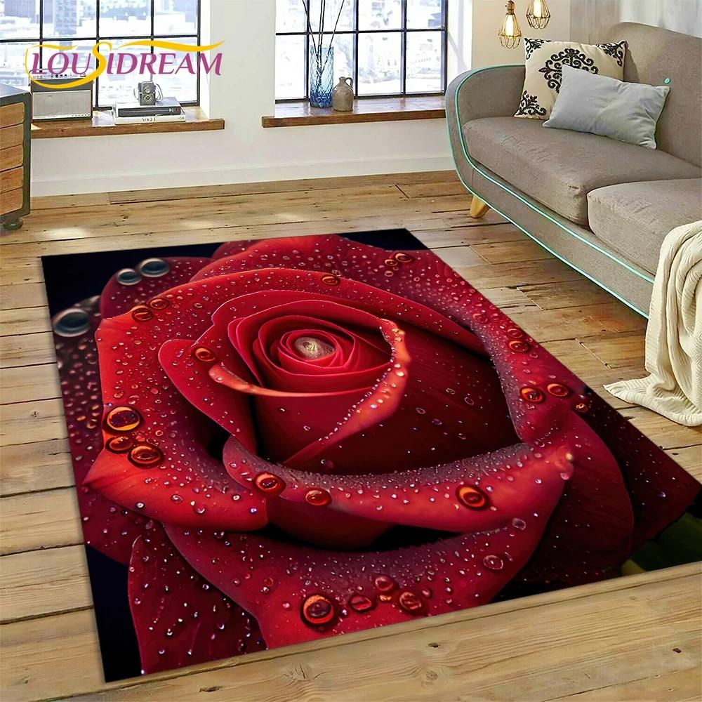 Růžové Květiny Severská Láska Romantický Koberec Kobereček do Ložnice Obývacího Pokoje Domácí Dekorace na Pohovku, Dětská Hra Velká Dekorativní Podložka na Podlahu