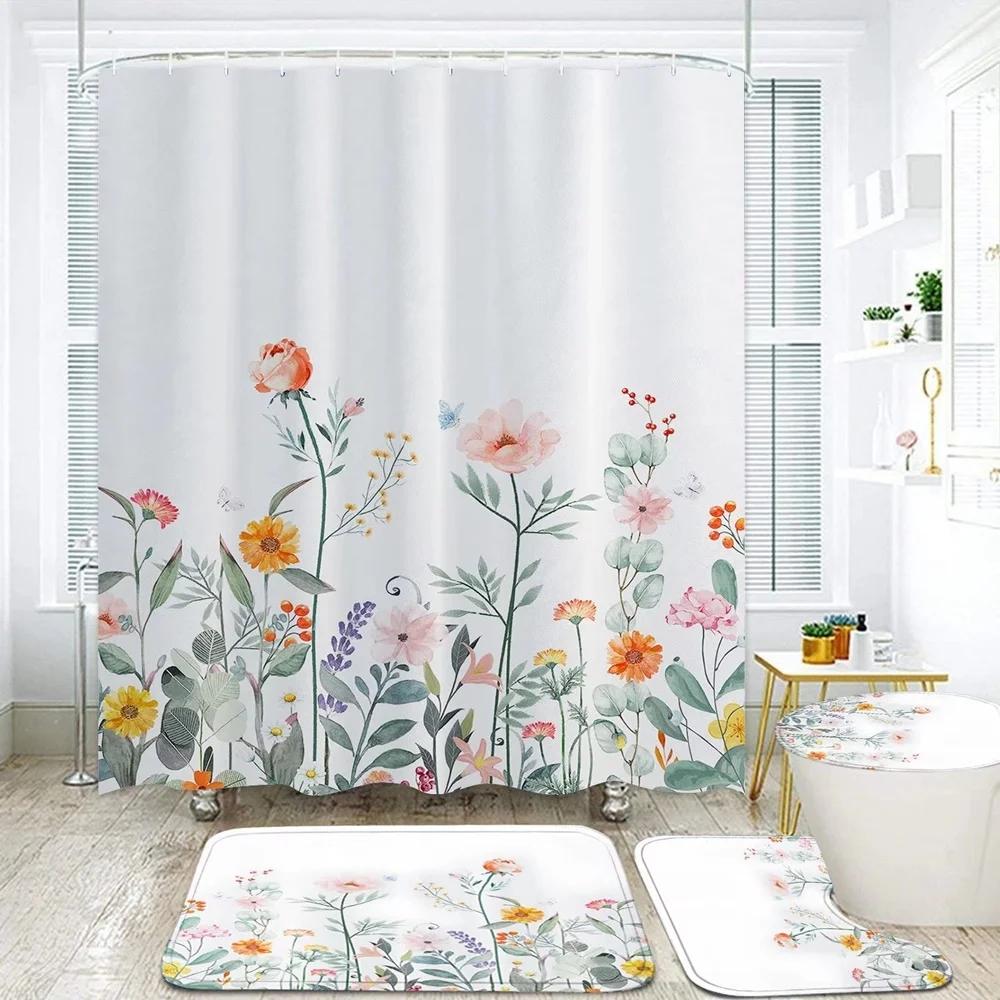Green Leaves Shower Curtain Sets Spring Rural Plant Flower Bathroom Curtains Non-Slip Toilet Lid Cover Rug Baths Mats Home Decor