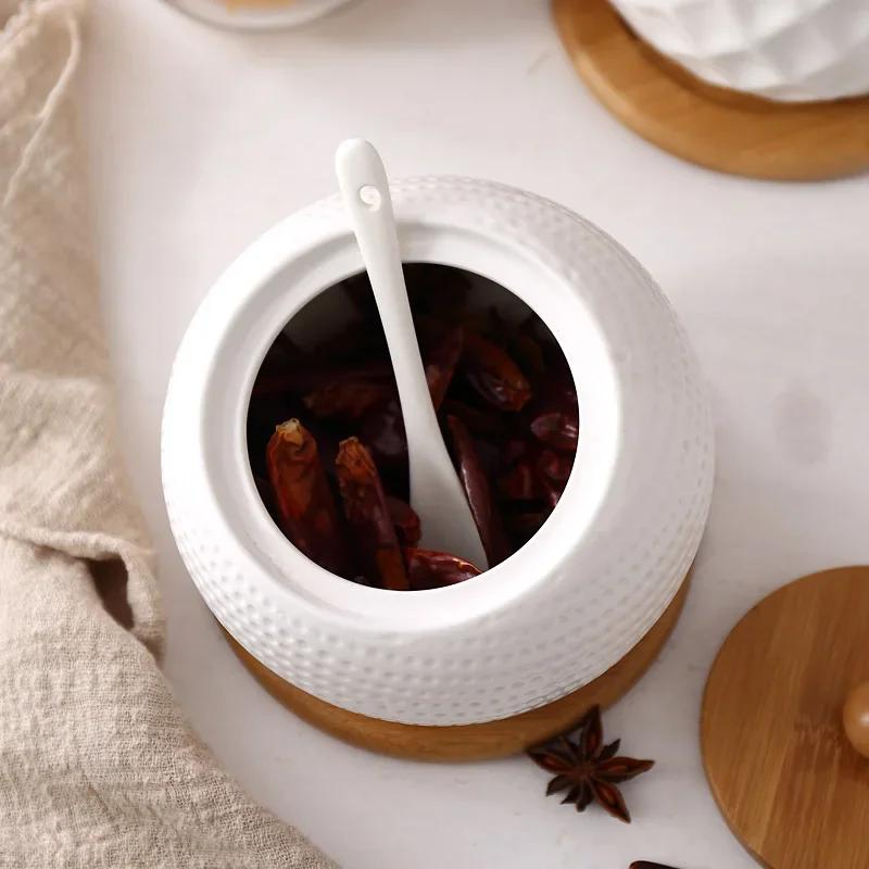 Ceramic Seasoning Jars with Wooden Lid Salt Shakers Kitchen Area Supplies White Spice Organizer Canister Spoon Set White Sugar Box for Home