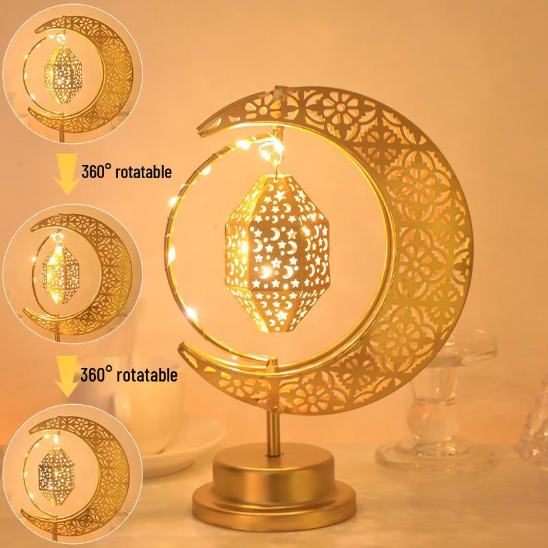 Drehbare LED-Schmiedeeisen-Mond- und Sternenlampe – Dekoratives Schreibtischornament im nahöstlichen Stil.