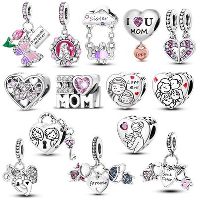 925 Silver Charms Love Mother Family Sister Heart Beads Fit Original Bracelet DIY Woman Jewelry Gift For Friend