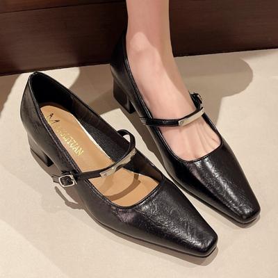 Taglia Grande 34-42 Francese Retrò Punta Quadrata Tacco Spesso Monocinghia Mary Jane Scarpa Singola Elegante Basso Profilo Moda Donna Tacchi Alti