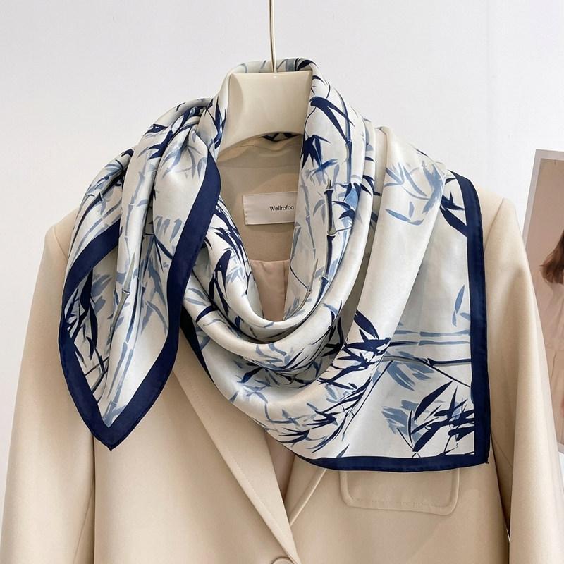 Elegant Chinese style blue magnolia silk large square scarf shawl silk scarf female gift mother mother mother-in-law elders