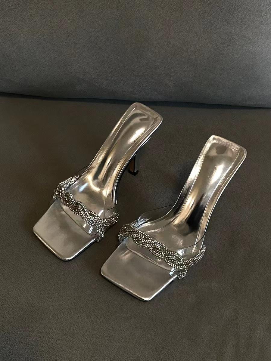 

Роскошные хрустальные туфли на высоком каблуке, женские туфли, летние тапочки 2024 года, новые элегантные туфли-лодочки с острым носком, женские сексуальные повседневные сандалии без застежек 35 серебряный