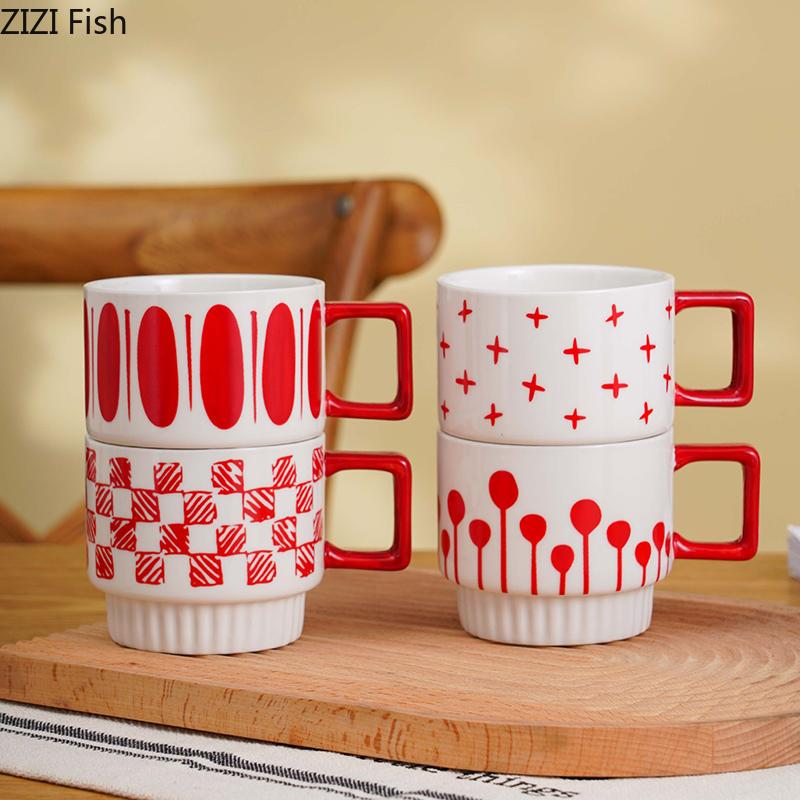 Creative Stacking Cup Painted Pattern Porcelain Mugs Tableware Coffee Mug Dining Table Afternoon Tea Teacup Fruits Juice Cup