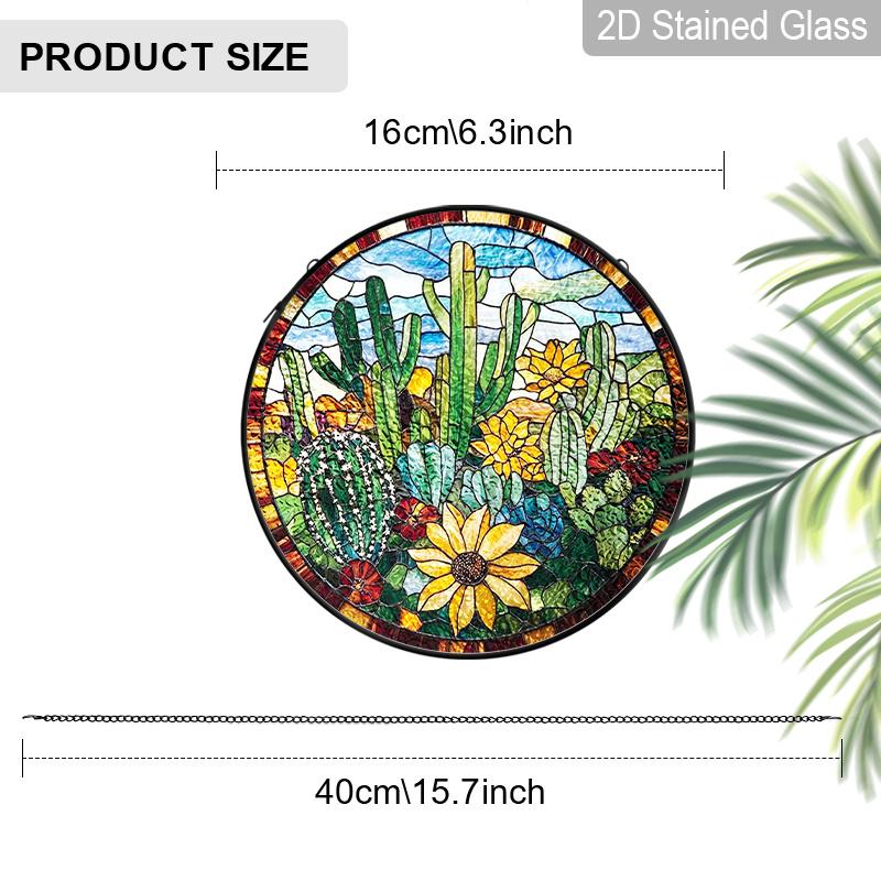 

2D Flat Stained Glass Green Cactus Flower Window Decoration, 6.3/7.87inches Colored Glass Plate with Chain, Charming Spring Summer Sun Catcher Home 6.3inch