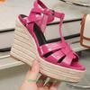 Fashion Cross Straps Open Toe Wedges Women Sandals Solid Color Open Toe Real Patent Leather Espadrilles Shoes Newest Summer 14cm Heels