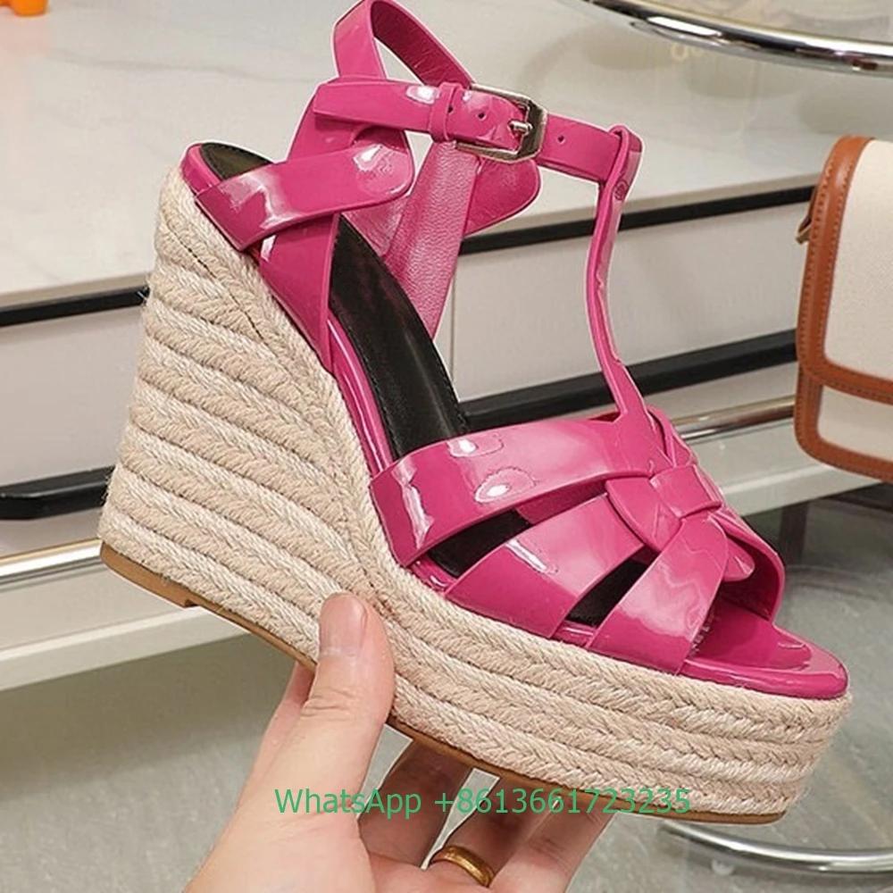Fashion Cross Straps Open Toe Wedges Women Sandals Solid Color Open Toe Real Patent Leather Espadrilles Shoes Newest Summer 14cm Heels