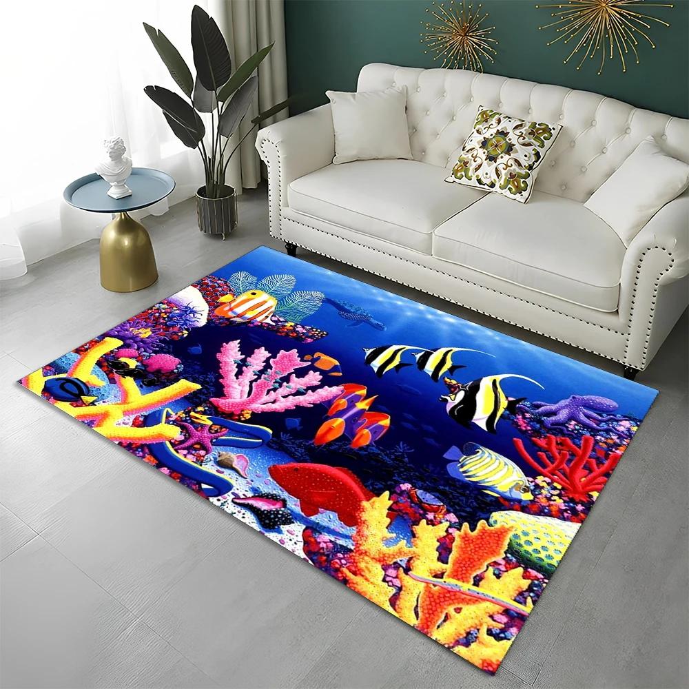 3D Underwater World Seabed Fish Carpet Rug for Home Living Room Bedroom Sofa Doormat Decor,kids Play Area Rug Non-slip Floor Mat