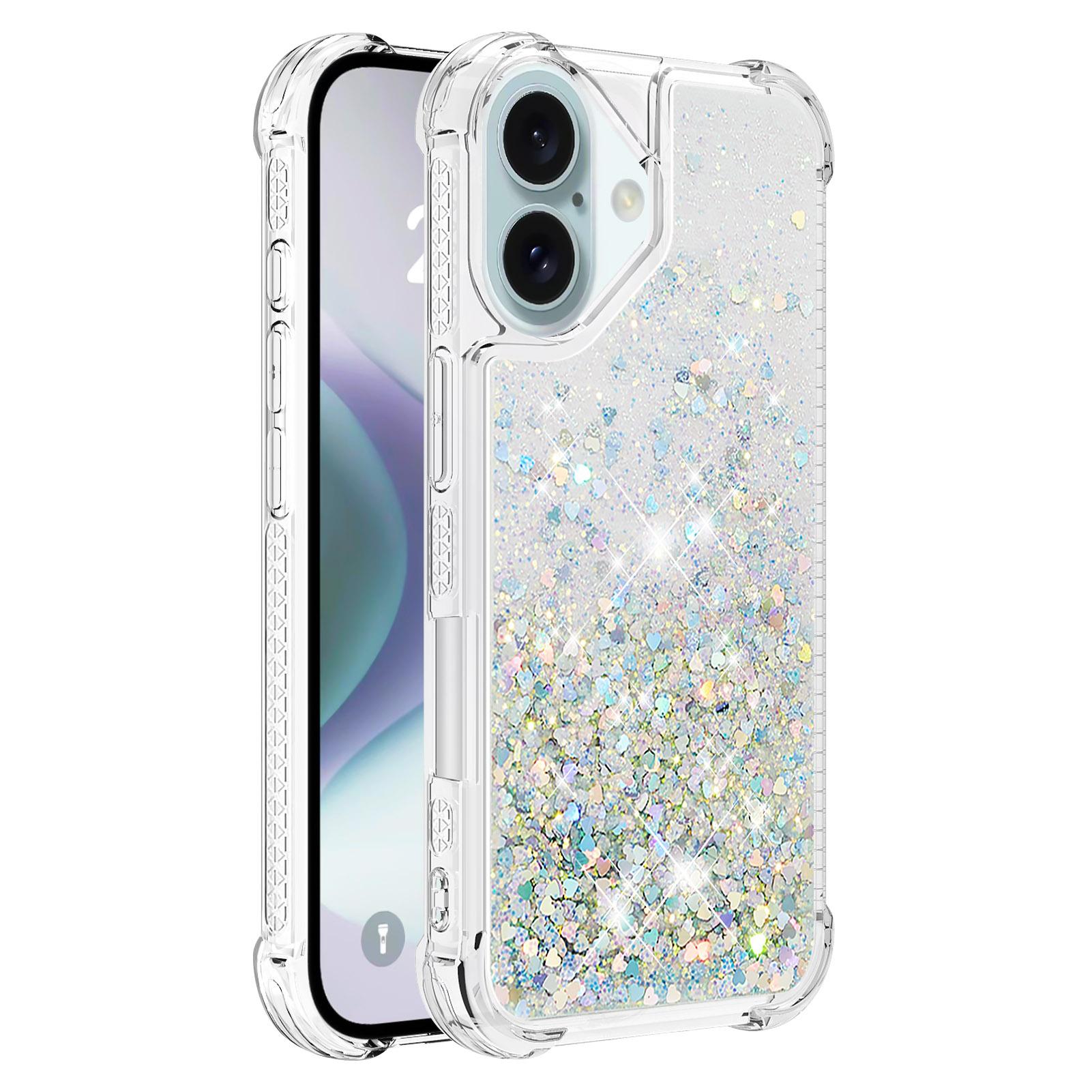 

For iPhone 16 TPU Case Glitter Quicksand Shockproof Phone Back Cover Silver/Hearts