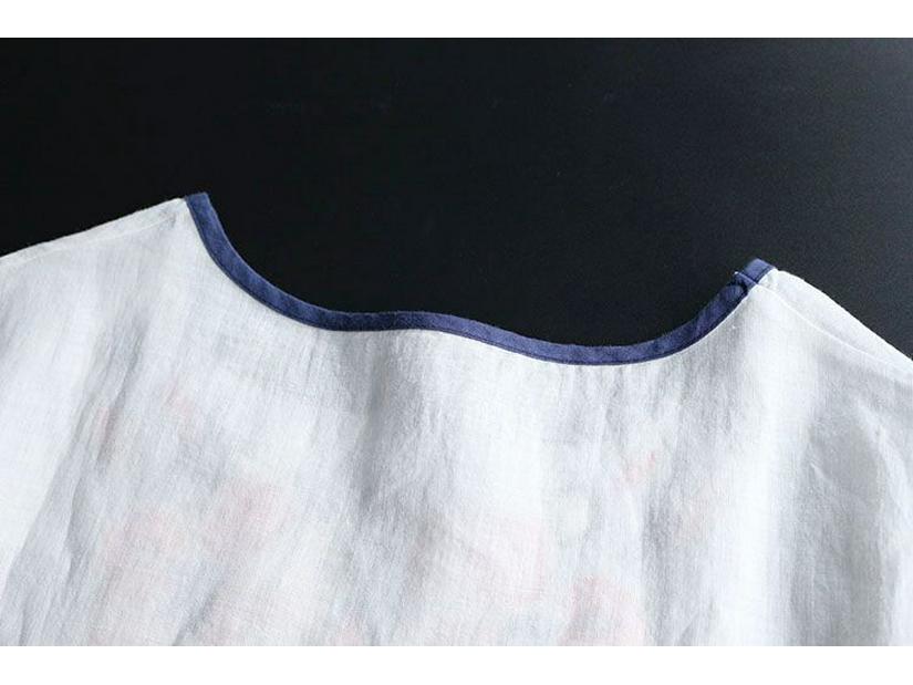 T-shirt d'été ethnique pour femmes en coton lin brodé - Coupe ample rétro, polyvalent grande taille, haut à manches courtes