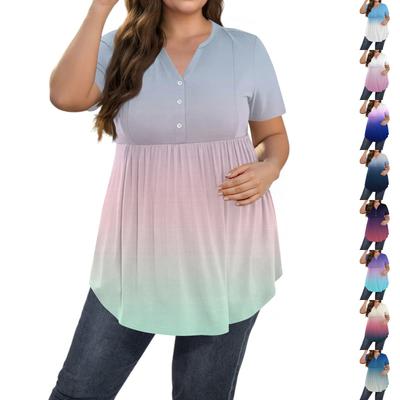 Γυναικεία Μπλούζα με Πρίnt Μεγάλο Μέγεθος V Λαιμόκοψη Κουμπωτή Casual Μπλούζα με Κοντό Μανίκι που Ρέει