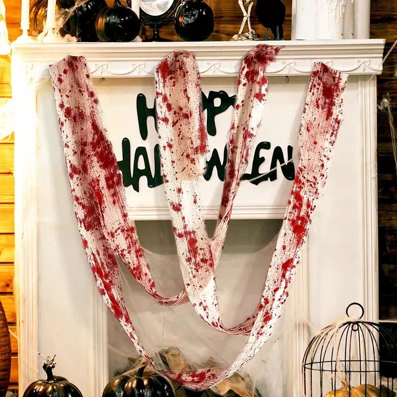 3/5M Halloween Artificial Blood Bandage Cloth Creepy Gauze Spooky Party Venue Props Warning Belt Secret Room Haunted House Decor