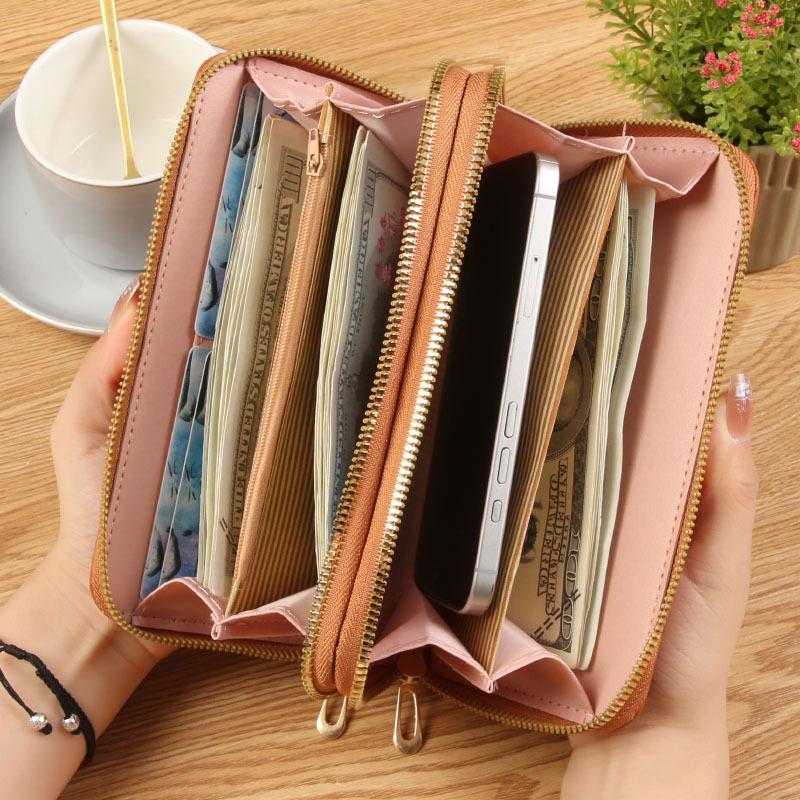 Ladies' Embroidered Soft Leather Double Zipper Wallet & Phone Clutch