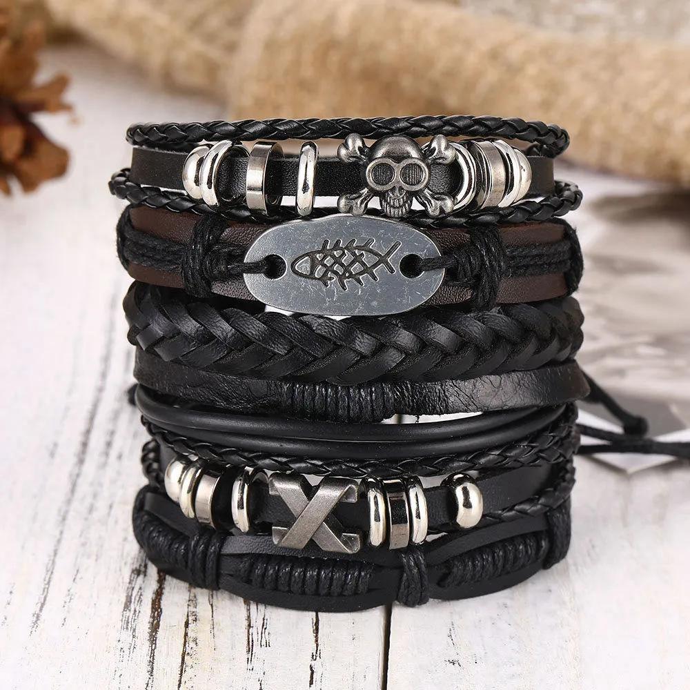 

Мужской плетеный кожаный браслет Черный браслет с черепом в стиле панк-рок