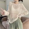 Wide Truffle Back Pearl Chain Long Sleeved Hollow Knit Sweater Autumn Korean Version Ice Silk Sunscreen Shirt Top for Women
