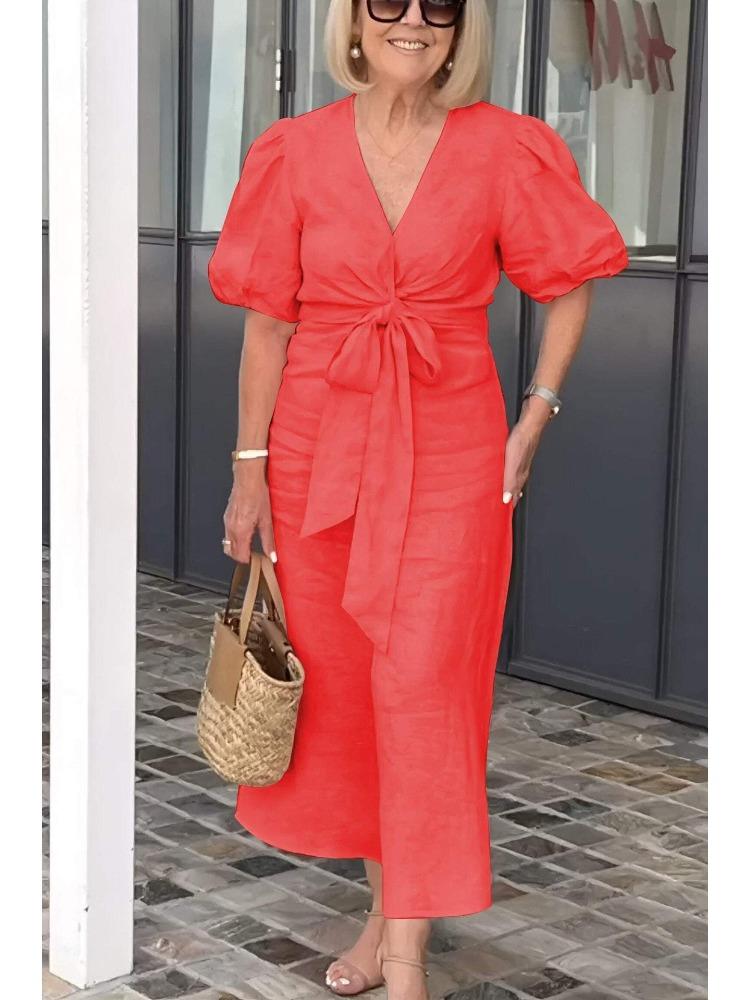 Women's Spring Summer Art Deco-inspired Vintage V-neck Lace-up Puff-Sleeve Cotton A-line Solid-Colour Dress