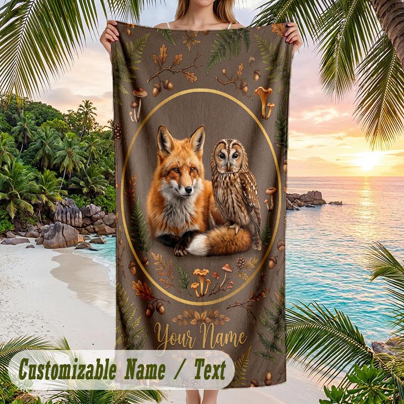 Fox Owl Flowers Theme Quick Dry Beach Towel Custom Name Text Print Large Sand Resistant Towel Beach Vacation