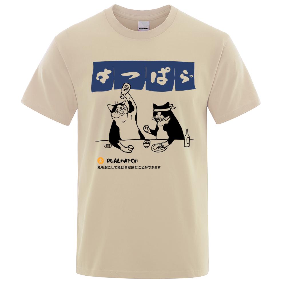 Harajuku Japanische Katze Trink-Tops Herrenmode O-Ausschnitt T-Shirt Straße Sommer Übergroße Kleidung Hip Hop Sweat Baumwoll-T-Shirts