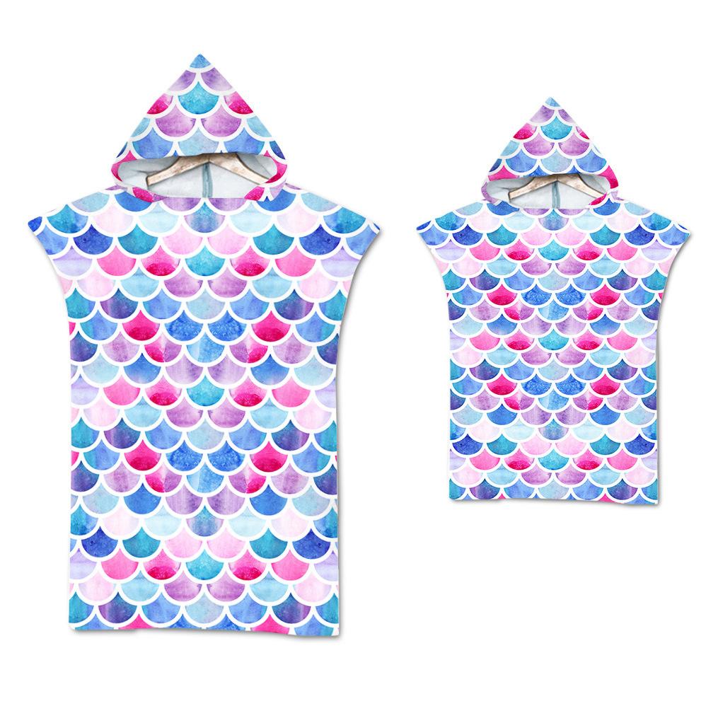Rainbow Scale Microfiber Beach Towel Quick Dry Hooded Cloak Wetsuit Towels Adult Kids Parent-Child Poncho Bathrobe for Swim Surf