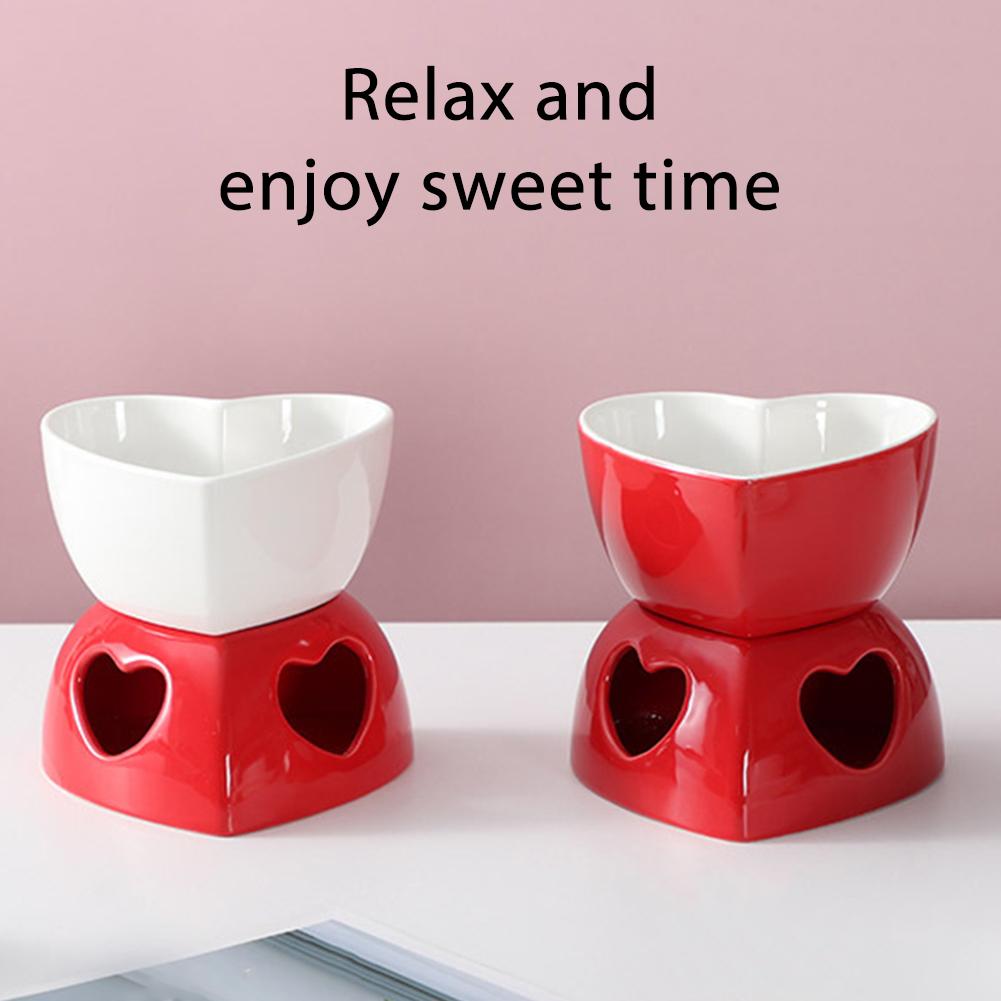 Romantic Heart-Shaped Ceramic Fondue Pot Set Red & White Dessert/Cheese Melting Versatile Chocolate Dipping Bowl For Ice Cream