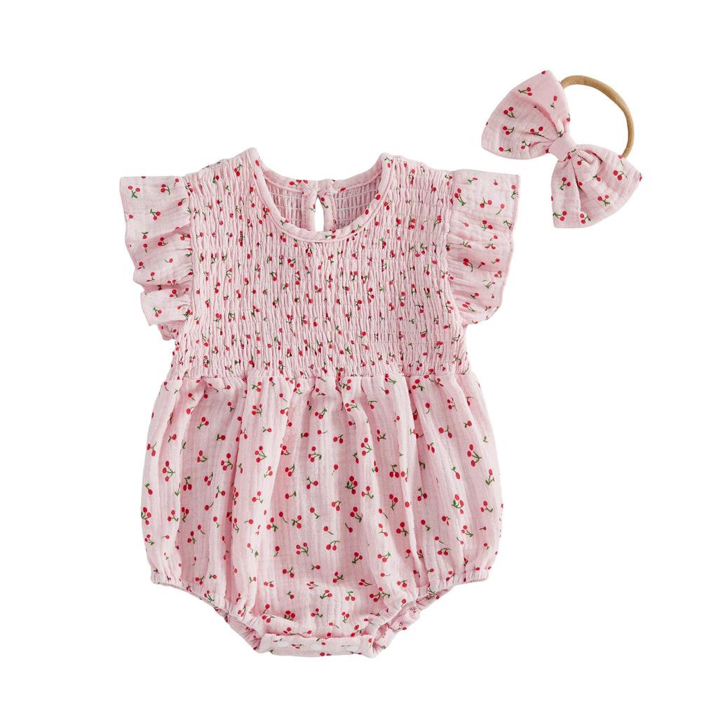 Baby Girl Summer Outfits Floral Print Smocked Crew Neck Flying Sleeve Romper and Bow Headband 2 Pcs Set