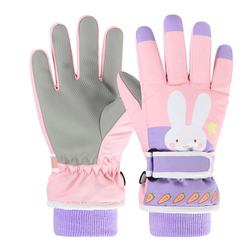 Pink Cartoon Fingerless Cotton Gloves for Girls - Windproof, Warm Winter Cycling and Outdoor Gloves for Primary School Students
