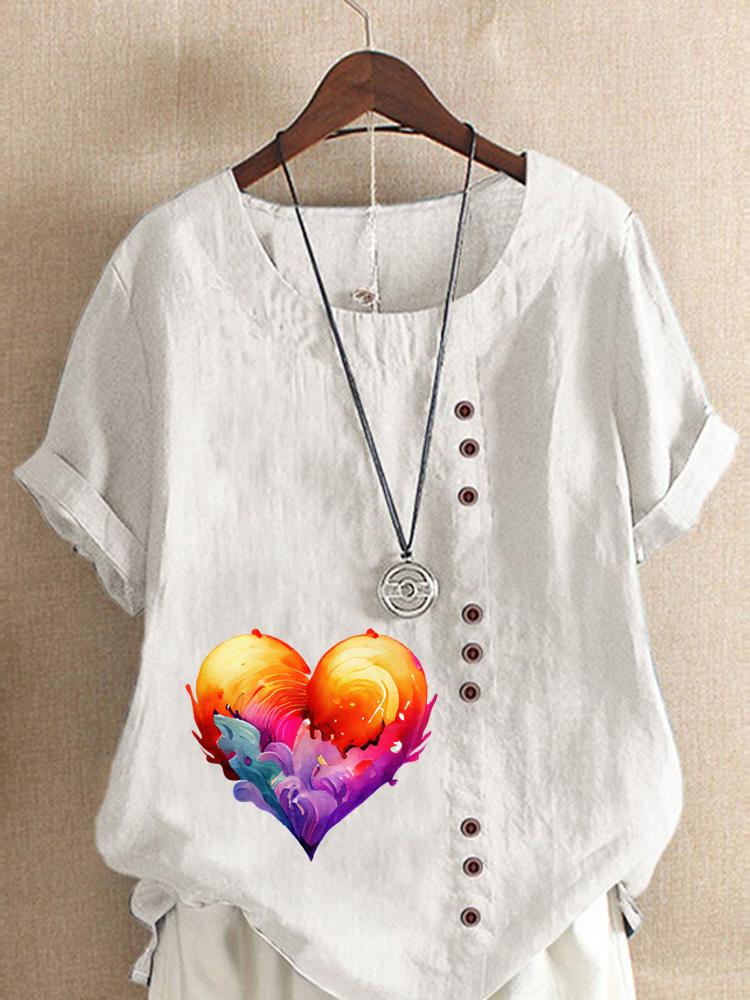 Women's Fashion Flame Love Print Round Neck Short Sleeve T-shirt Summer Casual Cotton Linen Graphic Shirt Leisure Loose Blouse Tops