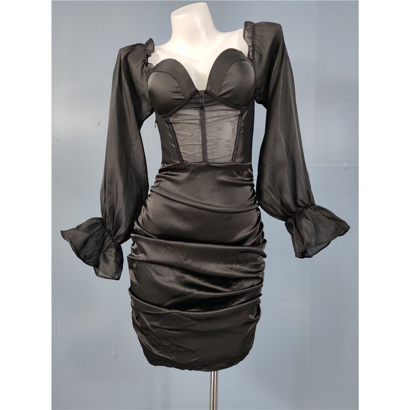 

Экспорт Одиночный Сексуальный Сексуальный Модный Новое Поступление Глубокий V Низкий Вырез Перспектива Обтягивающее Сборки Рукав Колокол Черное Платье Платье Black L