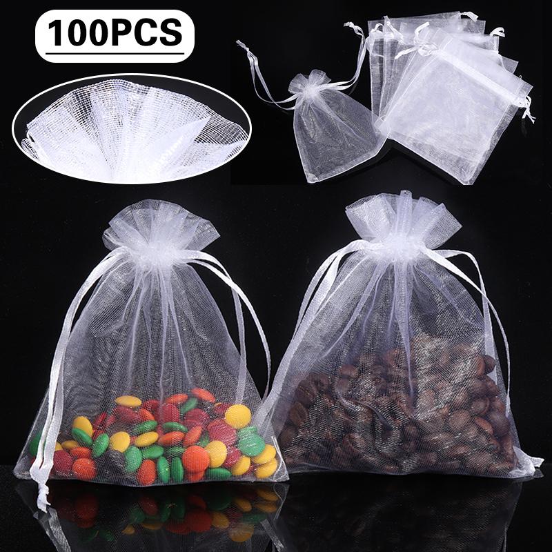 100pcs Drawstring Organza Bag Jewelry Pouch Wedding Party Favor Gift Bag White