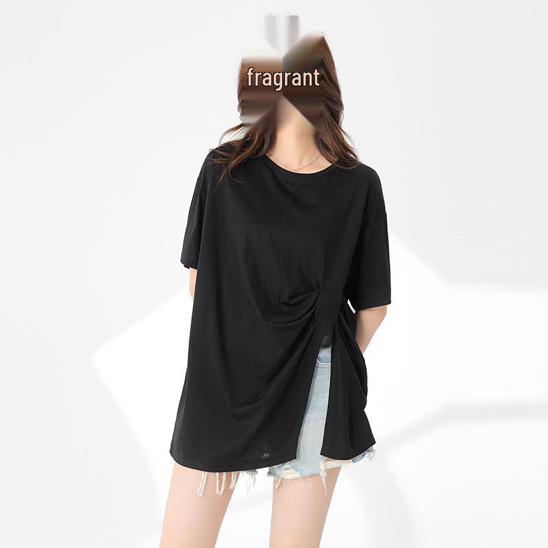 

Yuyue Летняя футболка женская с драпировкой, разрезом, облегающего кроя - Тонкая, с коротким рукавом, слим-дизайн Small