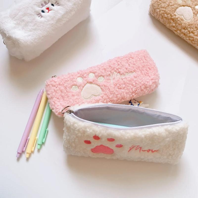 1PCS Hairy Cute Kawaii Cat Paw Plush Pencil Bag Case Girl Supplies Simple Student Stationery Pen Case Storage Bag Gifts for Kids