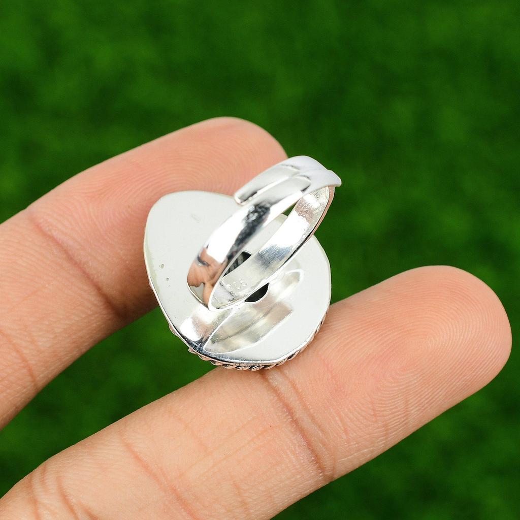 925 Sterling Silver Natural Silver Leaf Jasper Bezel Promise Mother Ring Jewelry