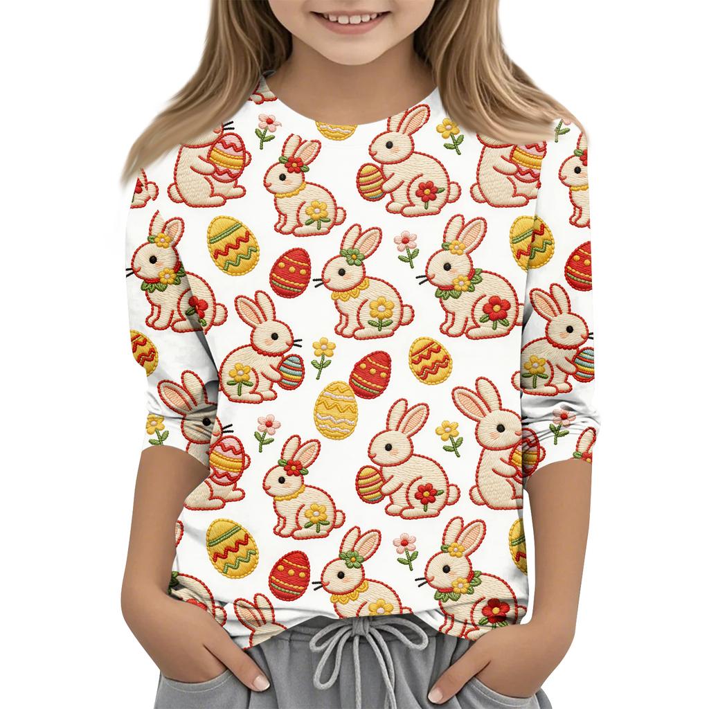 Children's Seven Quarter Sleeve Easter Print Round Neck Print Casual Top