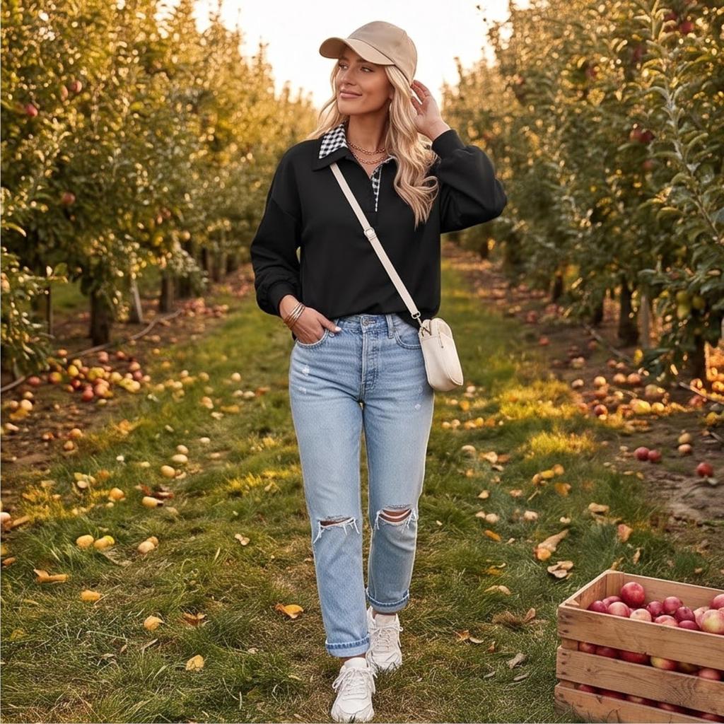 Women's Plaid Collared Pullover Sweatshirt Loose Fit Casual Fall Top