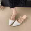 Fashion 2025 Summer New Internet Celebrity Rivet Pointed Toe Sandals Women's Baotou Outside Wear One-word Belt Mopping