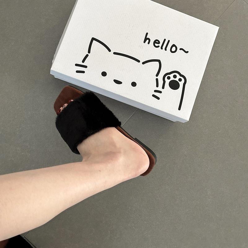 Retro temperament casual cotton drag square head girls fluffy slippers autumn and winter fashion comfortable one-word cotton slippers
