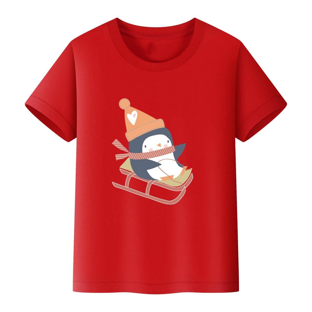100% Cotton Girls' T-shirt Cute Cat and Penguin 2D Print Short-sleeved Casual Top for Children, Suitable for Both Boys and Girls