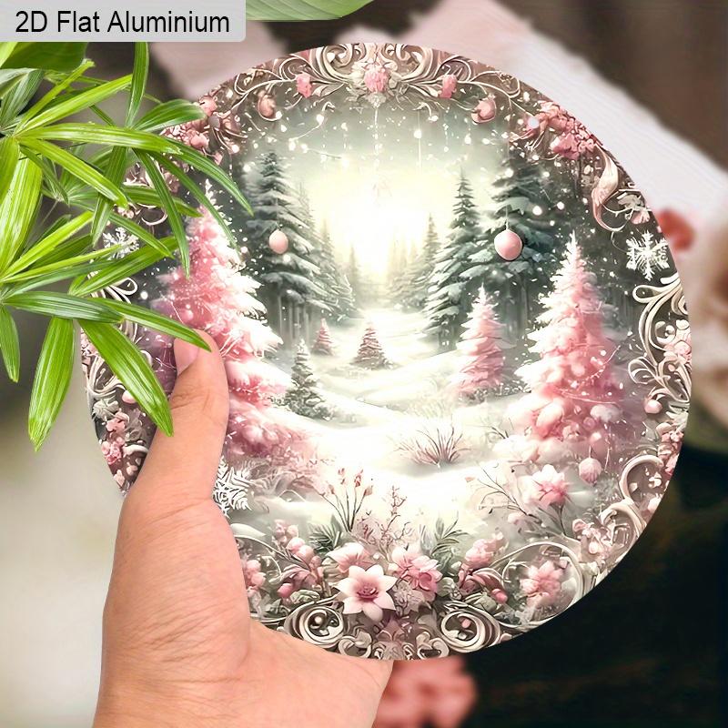 2D Flat Aluminium Pink Christmas Sign with Christmas Trees Pattern - Romantic Figurine Ornaments - Ideal for Front Door, Wall, Porch, Window Decor