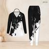 Women Plus Size Green Printed Nurse Scrub Set V Neck Long Sleeve Top With Pockets Long Pants