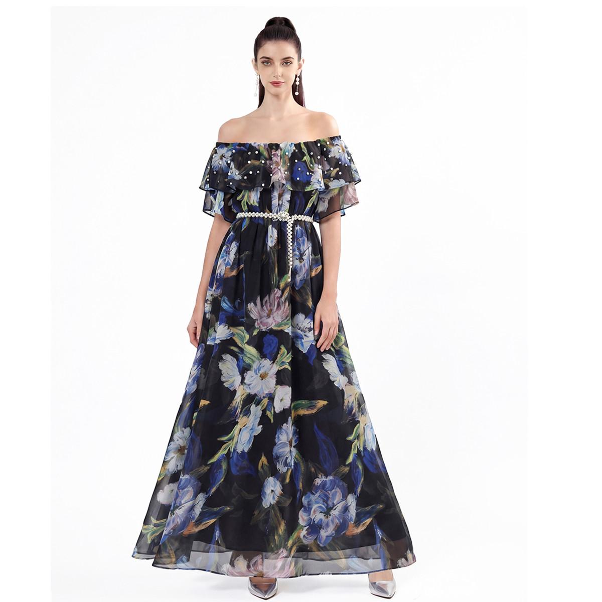 

Summer Sexy Off Shoulder Slash Neck Ruffle Beach Party Dress Elegant Women Fashion Floral Pleated Holiday Long Dresses M чёрный