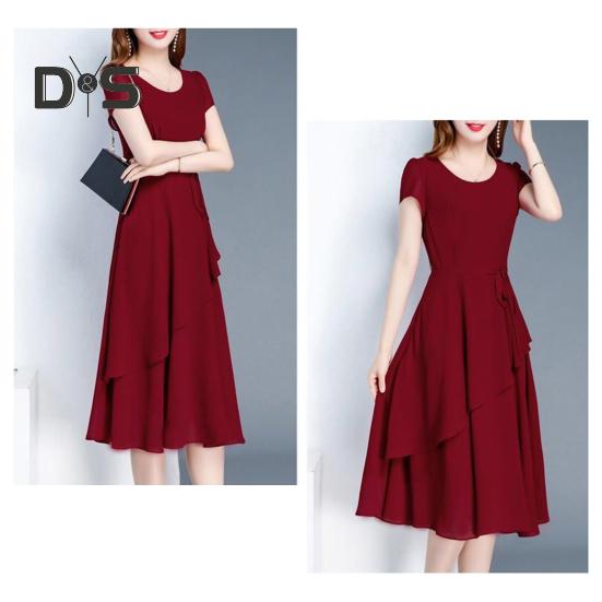 Lady Summer Dress A-line Patchwork Midi Dress O Neck Short Sleeves Lace-up Waist Solid Color Dress for Dating Parties Commuting